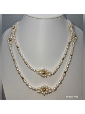 14 K Baroque Freshwater Pearl Necklace Gold Beads Floral Accents 34"